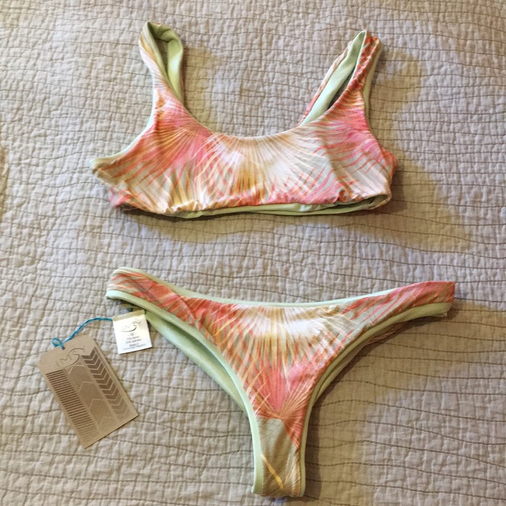 Imsy Tropical Palm Print Bikini Top in Coral & Mint Boutique Swimwear XS/Small